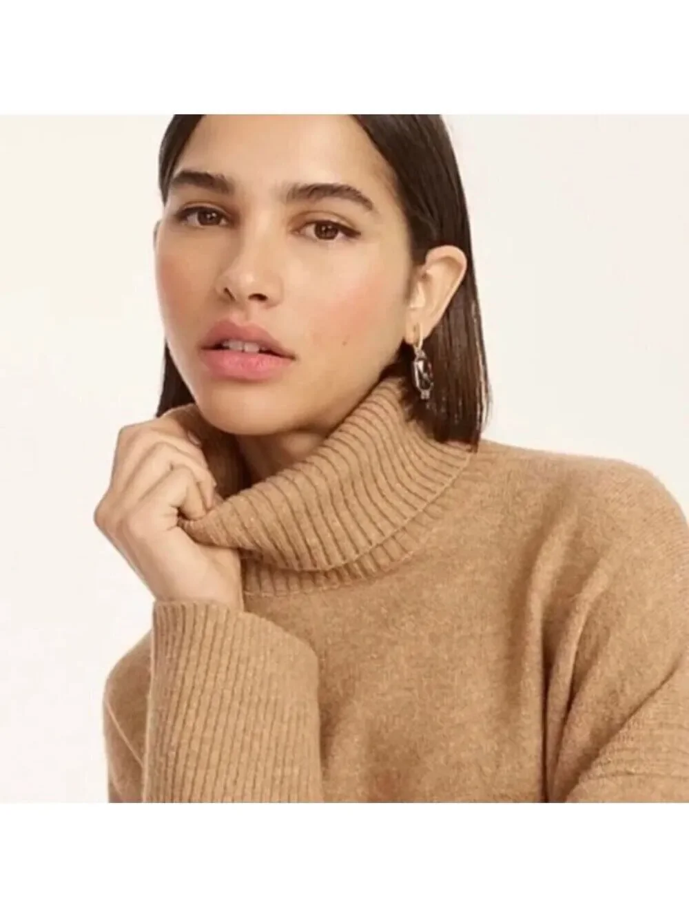 J. Crew Camel Tan Wool Blend Turtle Neck Soft Cropped Sweater Size XXS Oversized